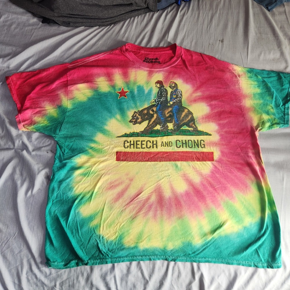 Cheech & Chong Tie-Dye T-Shirt 2XL Red Yellow Green California Bear Flag Weed